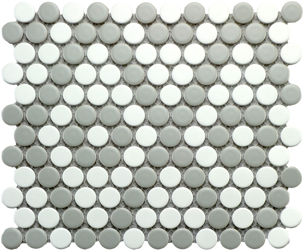 CC Mosaic Series Gray and White Matte Penny Round on 12" x 12" UFCCGRW-12M
