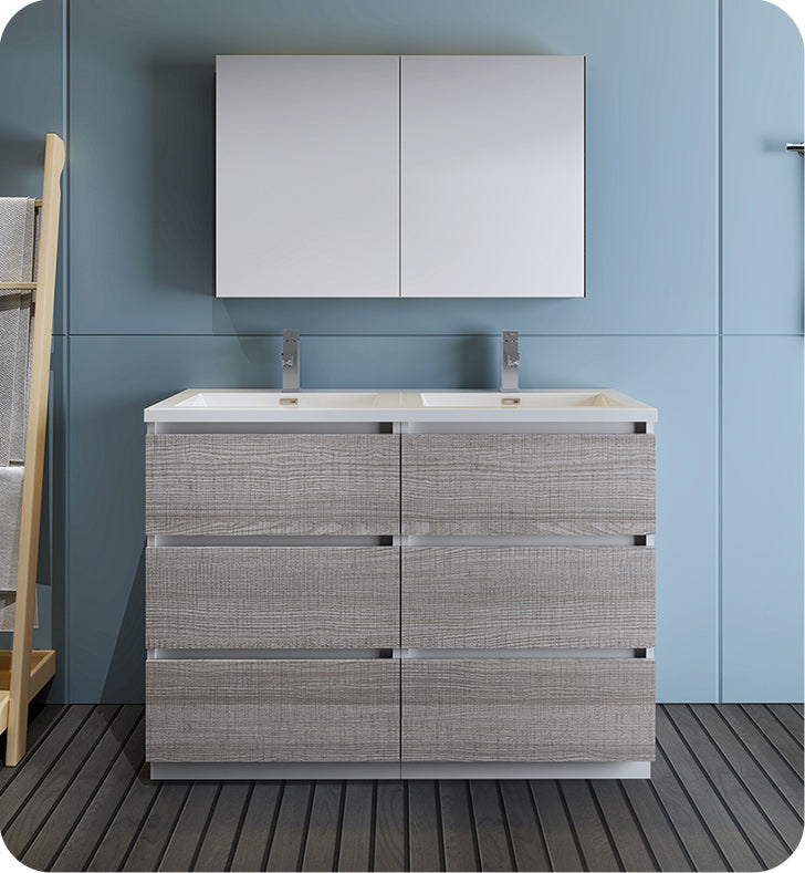 Fresca FVN93-2424HA-D Lazzaro 48" Ash Gray Free Standing Double Sink Modern Bathroom Vanity with Medicine Cabinet