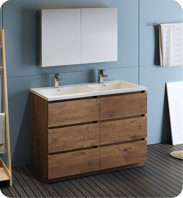 Fresca FVN93-2424RW-D Lazzaro 48" Rosewood Free Standing Double Sink Modern Bathroom Vanity with Medicine Cabinet