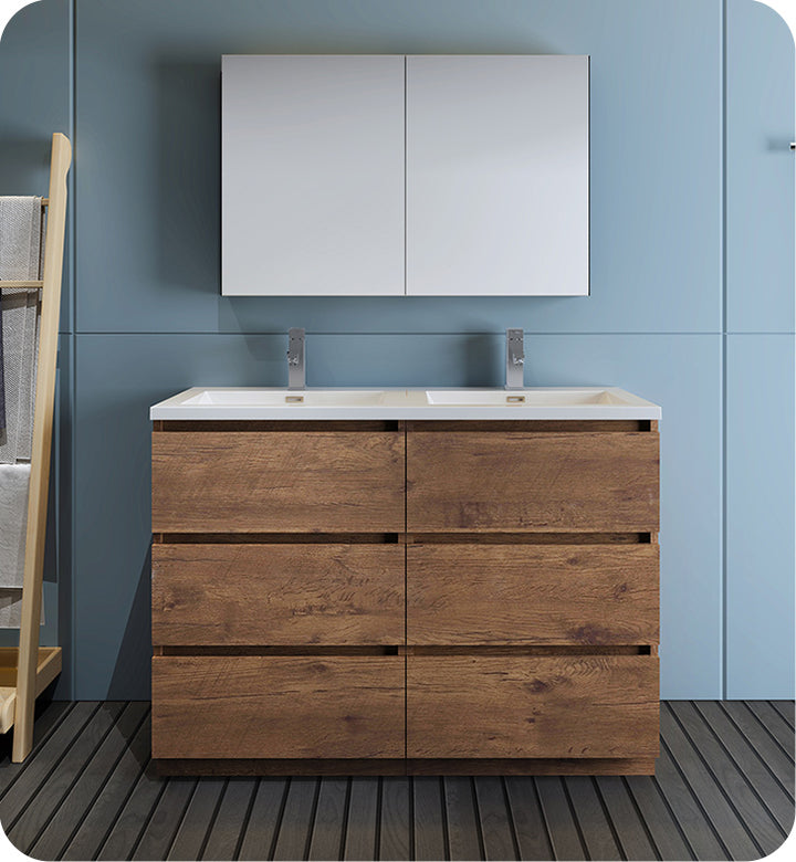 Fresca FVN93-2424RW-D Lazzaro 48" Rosewood Free Standing Double Sink Modern Bathroom Vanity with Medicine Cabinet