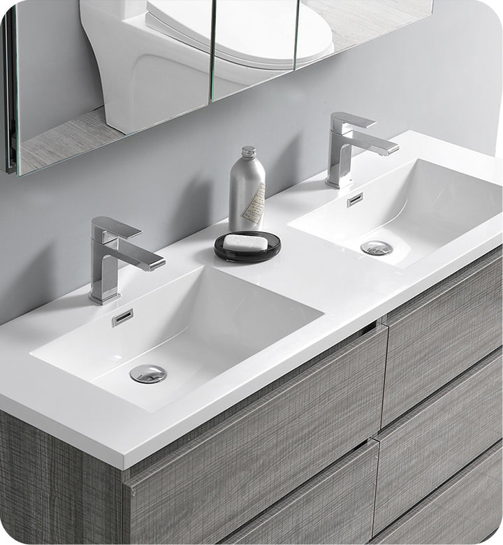 Fresca FVN93-3030HA-D Lazzaro 60" Ash Gray Free Standing Double Sink Modern Bathroom Vanity with Medicine Cabinet
