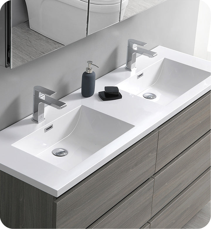 Fresca FVN93-3030MGO-D Lazzaro 60" Gray Wood Free Standing Double Sink Modern Bathroom Vanity with Medicine Cabinet
