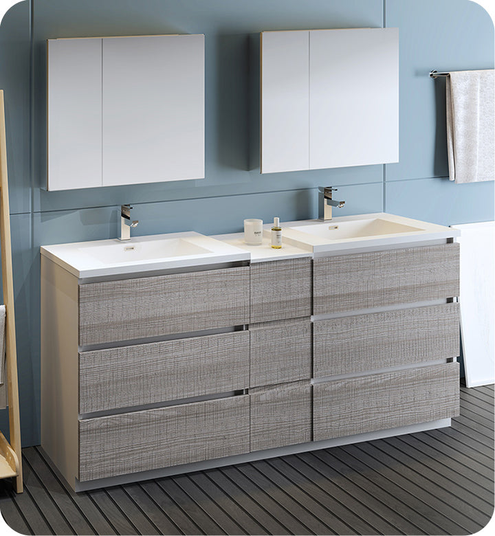 Fresca FVN93-301230HA-D Lazzaro 72" Ash Gray Free Standing Double Sink Modern Bathroom Vanity with Medicine Cabinet