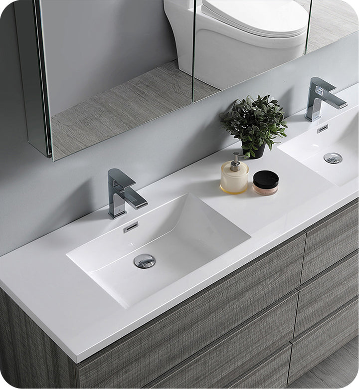 Fresca FVN93-3636HA-D Lazzaro 72" Ash Gray Free Standing Double Sink Modern Bathroom Vanity with Medicine Cabinet