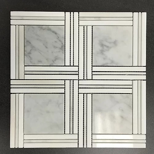 Elegant Mosaic MG1 White Carrara + Thassos White Random on 12" x 12"