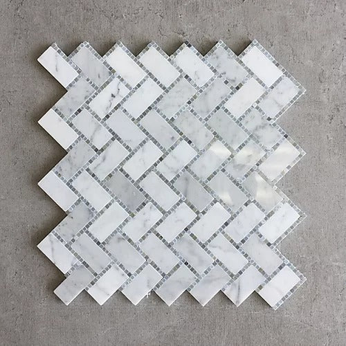 Elegant Mosaic MHB7 White Carrara + Portuguese Grey Herringbone on 13.5" x 13.5"