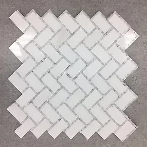 Elegant Mosaic MHB8 White Thassos White Carrara Herringbone on 13.5" x 13.5"