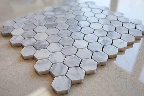 Elegant Mosaic MW12 White Carrara 1-1/4" Hexagon on 12" x 11.5"