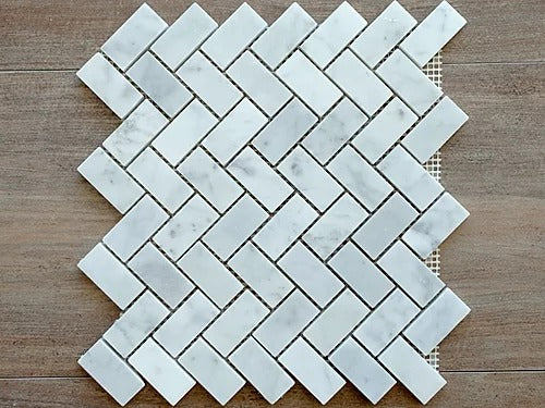 Elegant Mosaic MW20 White Carrara Herringbone on 11.75" x 11.75"