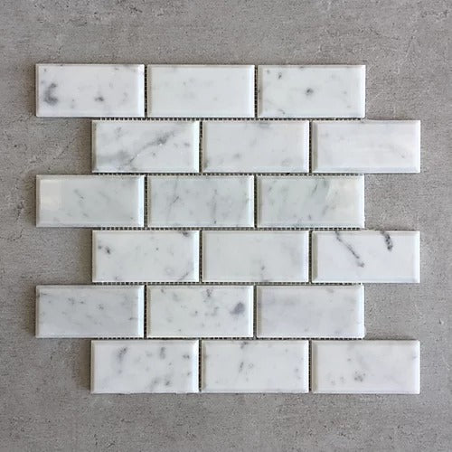 Elegant Mosaic MW5B White Carrara 2" x 4" Bevel on 14" x 12"