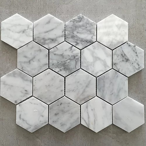 Elegant Mosaic MW60 White Carrara 3" Hexagon on 13.75" x 11.5"
