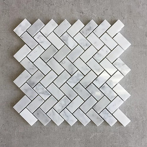 Elegant Mosaic MW74 White Carrara 1" x 2" Herringbone on 11.75" x 11.75"