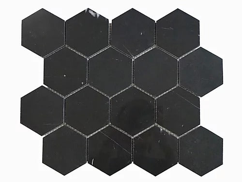 Elegant Mosaic NM60 Nero Marquina 3" Hexagon on 13.75" x 11.5"