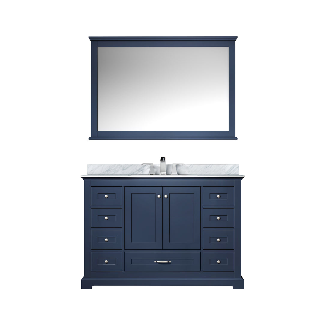 Lexora Dukes 48" Navy Blue Single Vanity, White Carrara Marble Top, White Square Sink and 46" Mirror LD342248SEDSM46