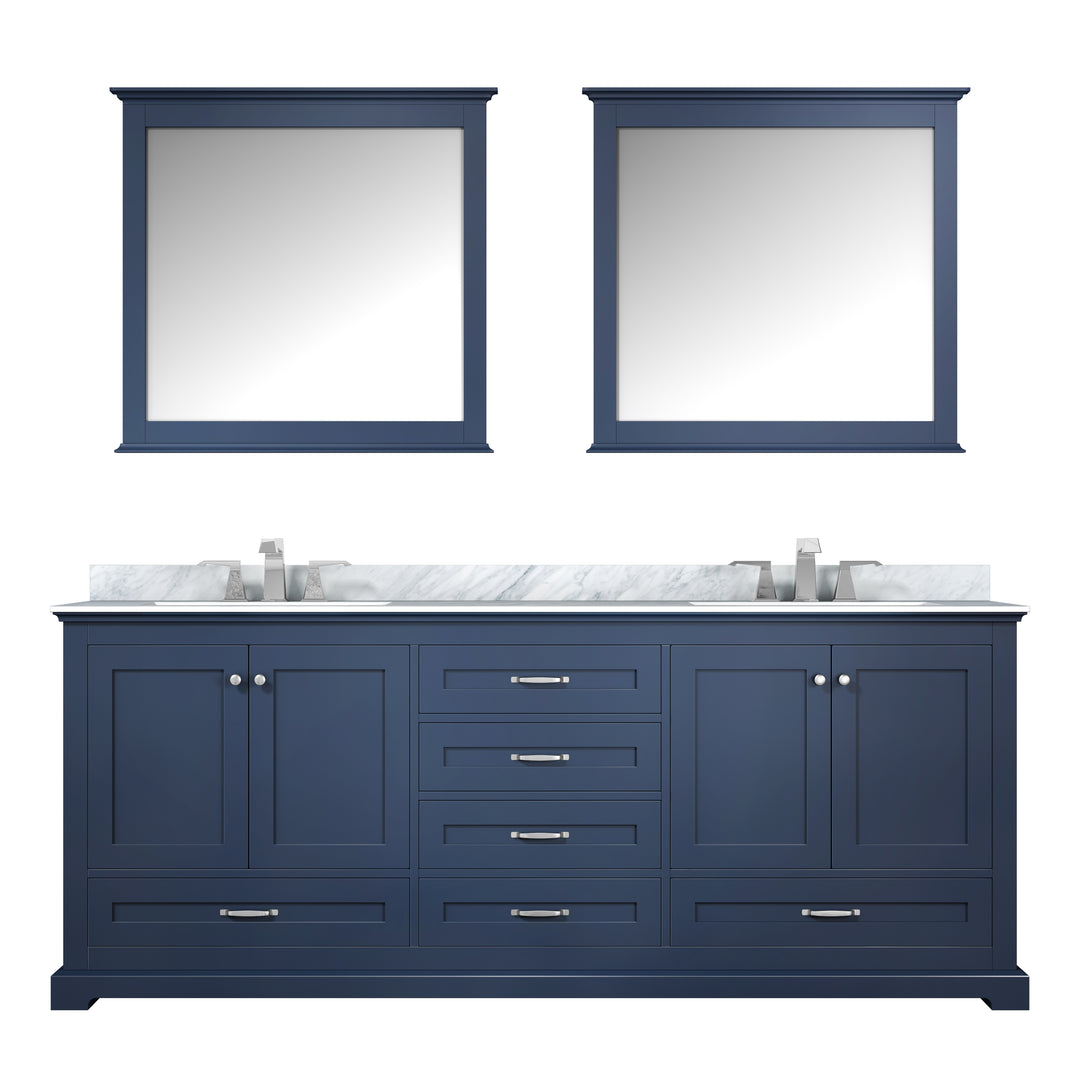 Lexora Dukes 80" Navy Blue Double Vanity, White Carrara Marble Top, White Square Sinks and 30" Mirrors LD342280DEDSM30
