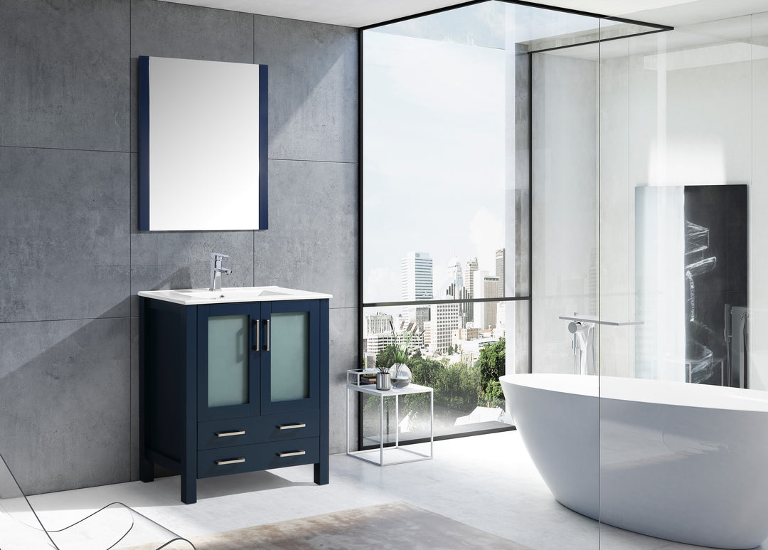 Lexora Volez 30" Navy Blue Single Vanity, Integrated Top, White Integrated Square Sink and 28" Mirror LV341830SEESM28