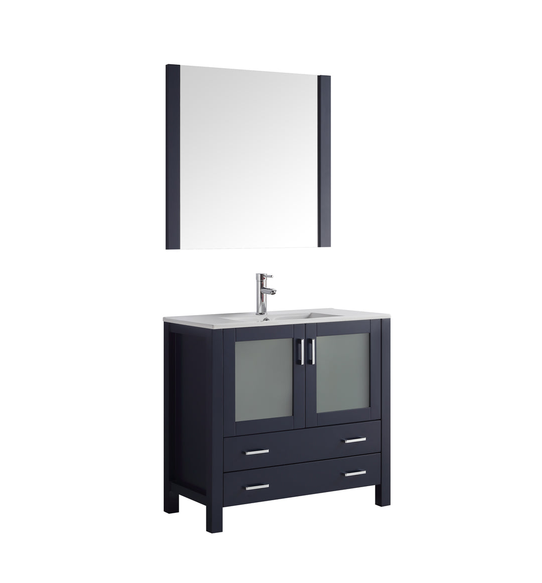 Lexora Volez 36" Navy Blue Single Vanity, Integrated Top, White Integrated Square Sink and 34" Mirror LV341836SEESM34