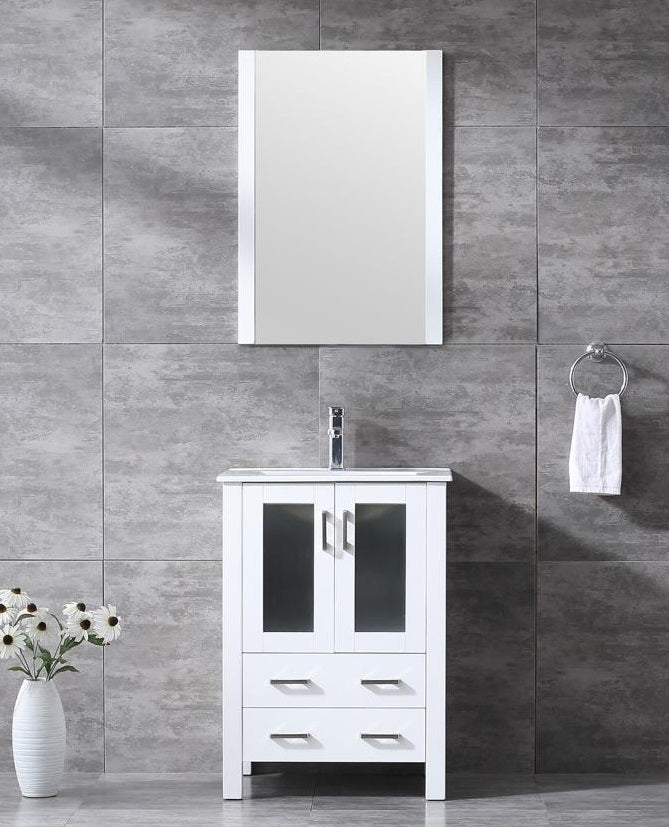 Lexora Volez 24" White Single Vanity, Integrated Top, White Integrated Square Sink and 22" Mirror LV341824SAESM22