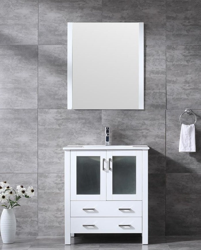 Lexora Volez 30" White Single Vanity, Integrated Top, White Integrated Square Sink and 28" Mirror LV341830SAESM28