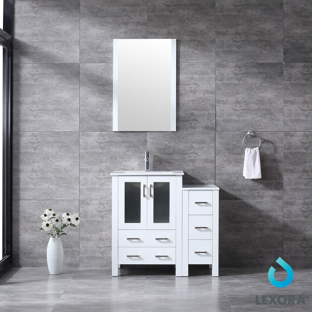Lexora Volez 36" White Single Vanity w/ Side Cabinet, Integrated Top, White Integrated Square Sink and 22" Mirror LV341836SAESM22