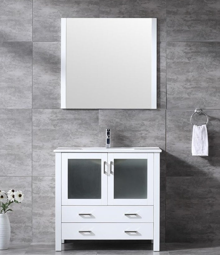 Lexora Volez 36" White Single Vanity, Integrated Top, White Integrated Square Sink and 34" Mirror LV341836SAESM34