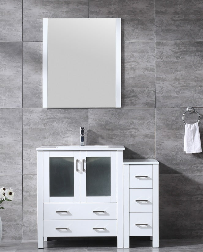 Lexora Volez 42" White Single Vanity w/ Side Cabinet, Integrated Top, White Integrated Square Sink and 28" Mirror LV341842SAESM28