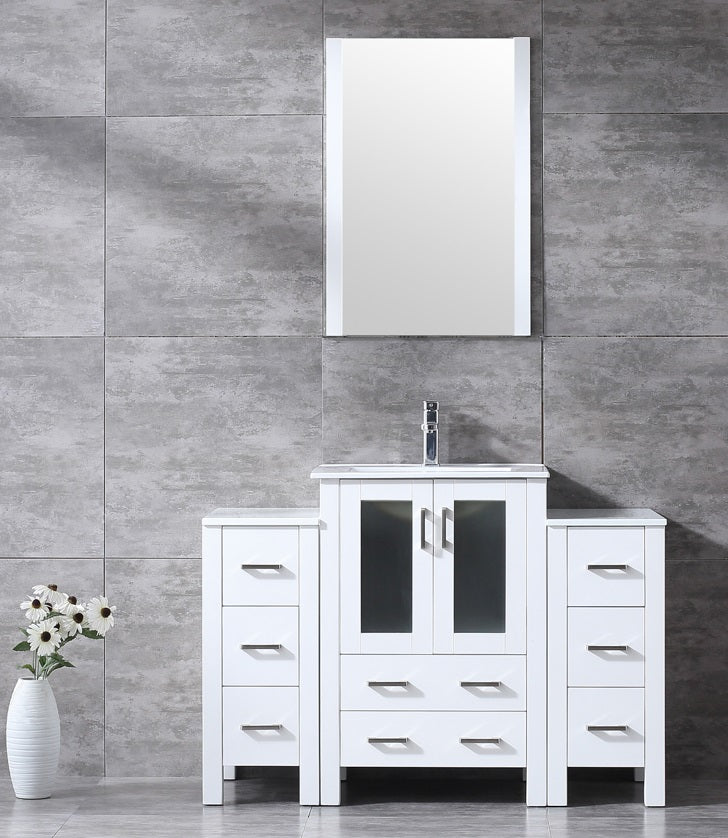 Lexora Volez 48" White Single Vanity w/ 2 Side Cabinets, Integrated Top, White Integrated Square Sink and 22" Mirror LV341848SAESM22