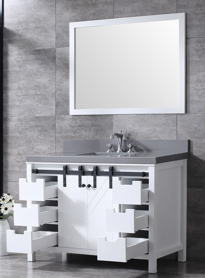 Lexora Marsyas 48" White Single Vanity, Grey Quartz Top, White Square Sink and 44" Mirror LM342248SAASM44