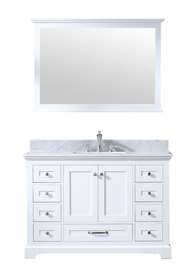 Lexora Dukes 48" White Single Vanity, White Carrara Marble Top, White Square Sink and 46" Mirror LD342248SADSM46