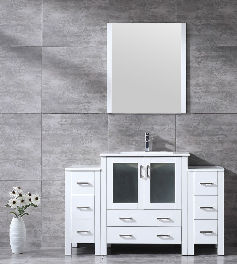 Lexora Volez 54" Single Vanity White w/ 2 Side Cabinets, Integrated Top, White Integrated Square Sink and 28" Mirror LV341854SAESM28