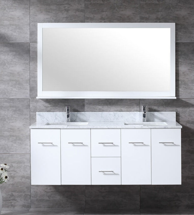 Lexora Amelie 60" White Double Vanity, White Carrara Marble Top, White Square Sinks and 60" Mirror LA222260DADSM60
