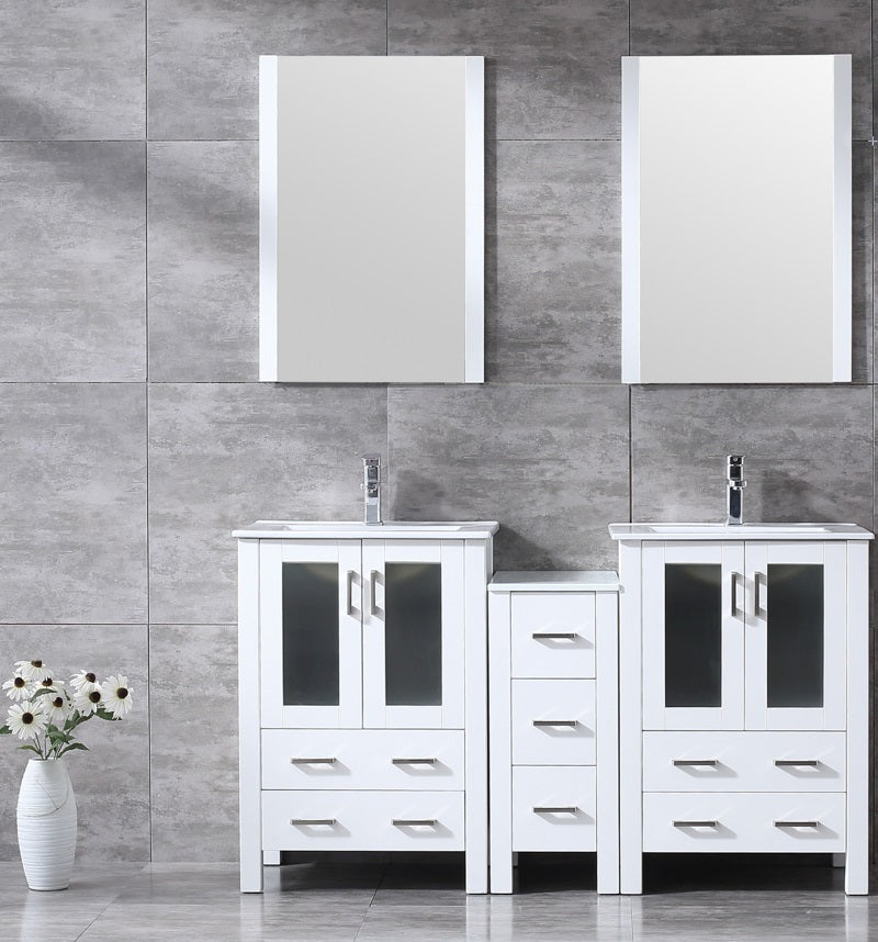 Lexora Volez 60" White Double Vanity w/ Side Cabinet, Integrated Top, White Integrated Square Sink and 22" Mirrors LV341860SAESM22