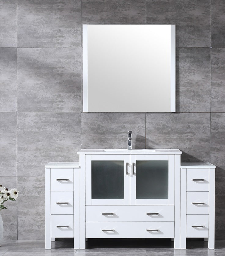 Lexora Volez 60" White Single Vanity w/ 2 Side Cabinets, Integrated Top, White Integrated Square Sink and 34" Mirror LV341860SAESM34