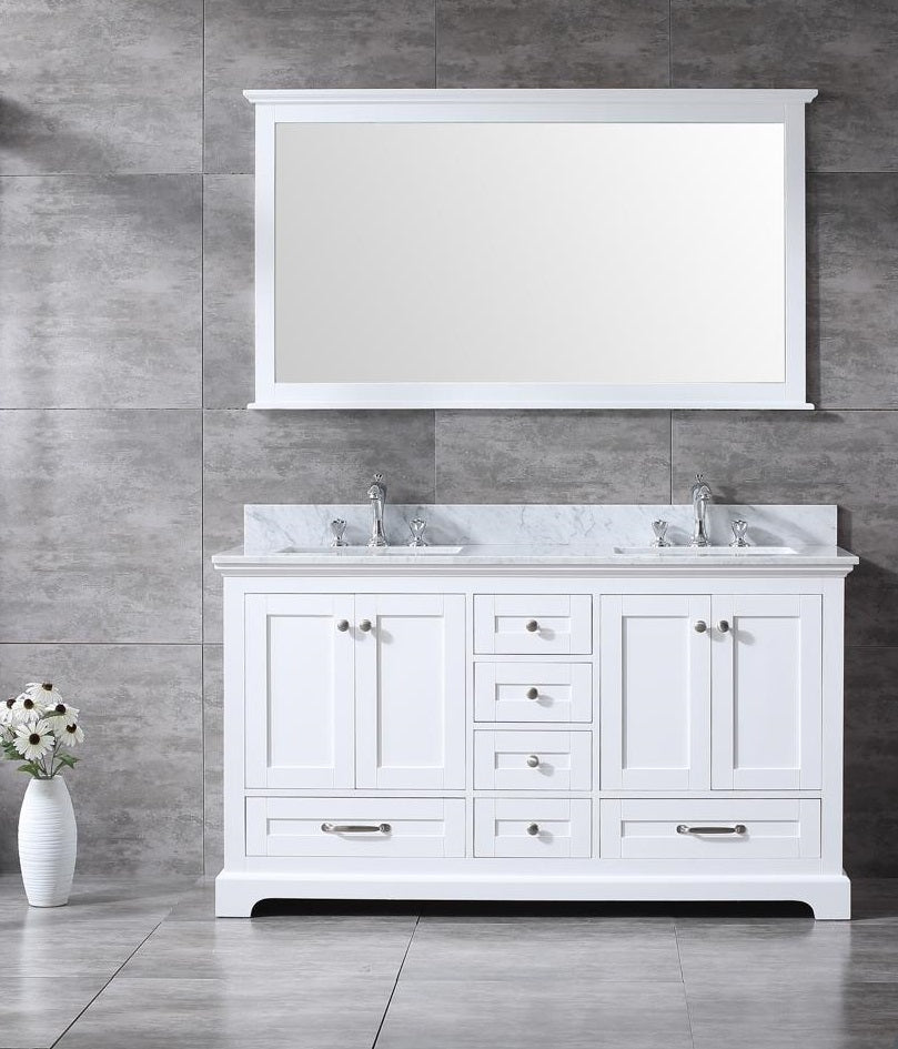 Lexora Dukes 60" White Double Vanity, White Carrara Marble Top, White Square Sinks and 58" Mirror LD342260DADSM58