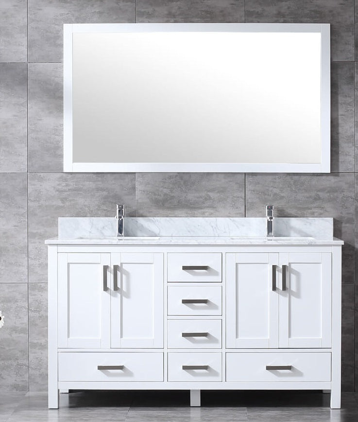 Lexora Jacques 60" Double Vanity White, White Carrara Marble Top, White Square Sinks and 58" Mirror LJ342260DADSM58