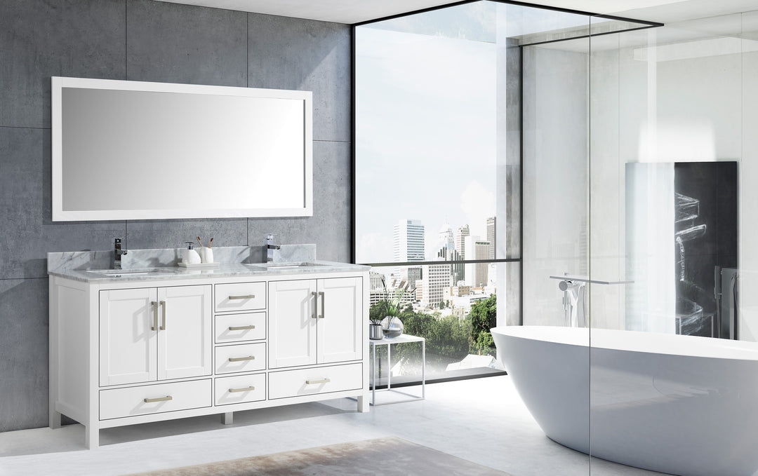 Lexora Jacques 72" White Double Vanity, White Carrara Marble Top, White Square Sinks and 70" Mirror LJ342272DADSM70