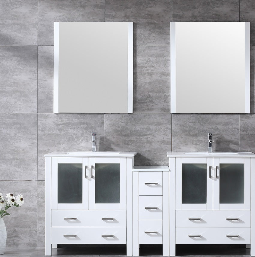 Lexora Volez 72" White Double Vanity w/ Side Cabinet, Integrated Top, White Integrated Square Sink and 28" Mirrors LV341872SAESM28