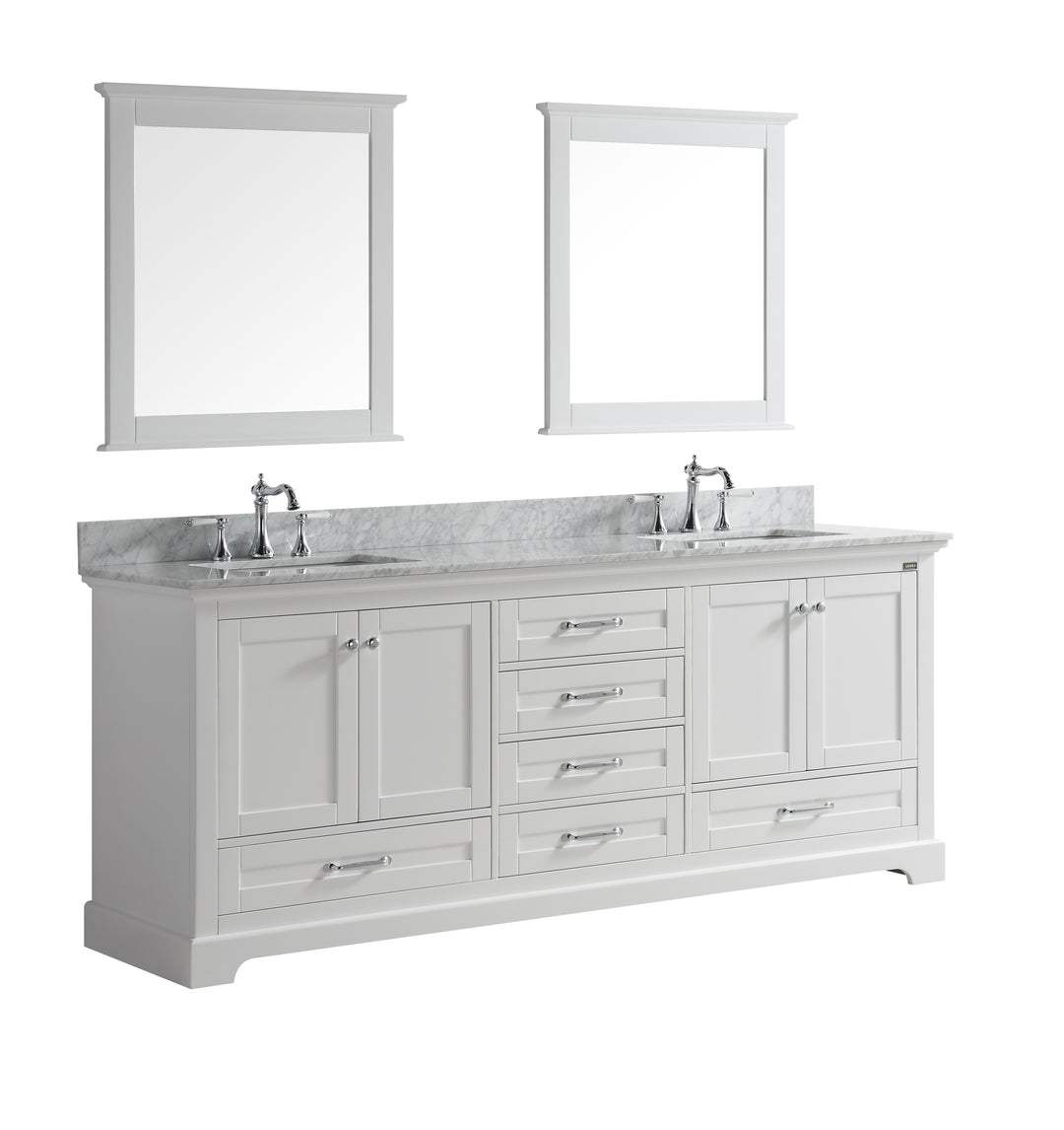 Lexora Dukes 80" White Double Vanity, White Carrara Marble Top, White Square Sinks and 30" Mirrors LD342280DADSM30