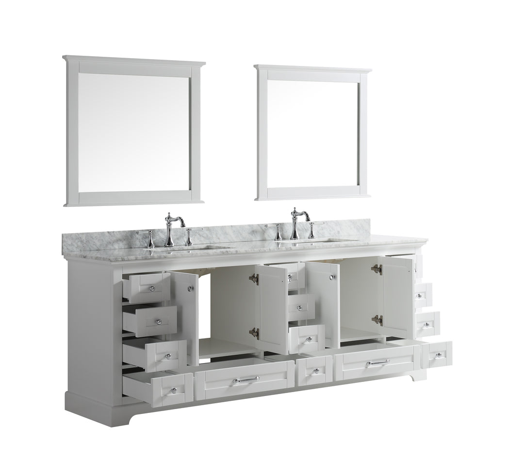 Lexora Dukes 84" White Double Vanity, White Carrara Marble Top, White Square Sinks and 34" Mirrors LD342284DADSM34