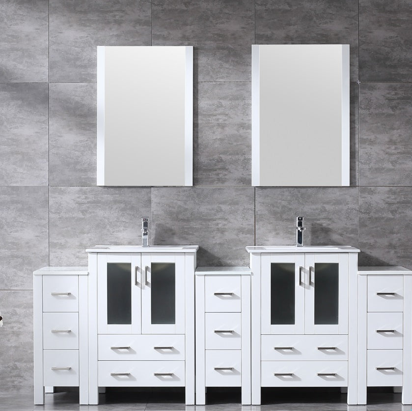 Lexora Volez 84" White Double Vanity w/ 3 Side Cabinets, Integrated Top, White Integrated Square Sink and 22" Mirrors LV341884SAESM22