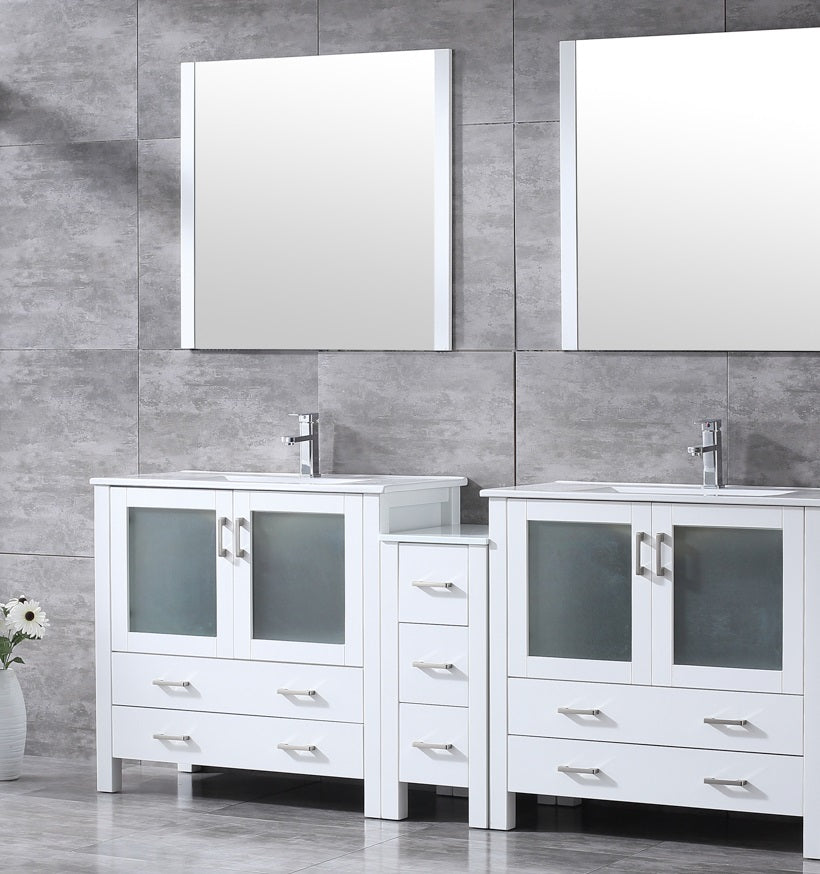 Lexora Volez 84" White Double Vanity w/ Side Cabinet, Integrated Top, White Integrated Square Sink and 34" Mirrors LV341884SAESM34